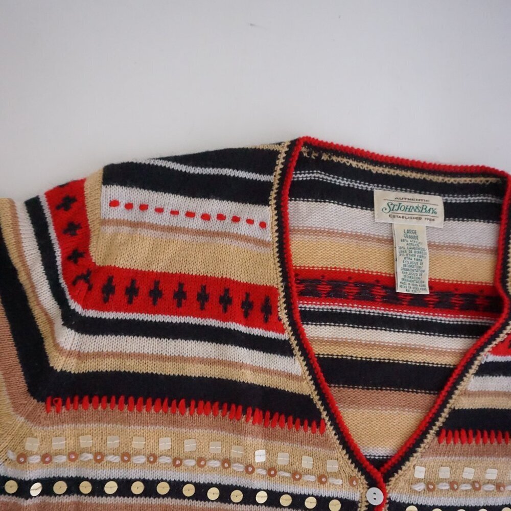 St Johns Bay Tan Red Striped Knit Button Cardigan Classic Preppy Grandmacore L - Picture 6 of 12